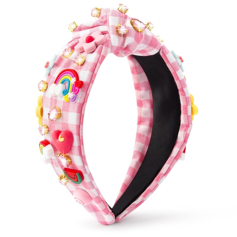 PANTIDE Floral Jeweled Knotted Headband - Rainbow Rhinestone Crystal Embellished Headband Non Slip Wide Top Knot Fashion Hairband Accessories Spring Summer Birthday Gift for Women Girls (Pink Plaid) - Image 1